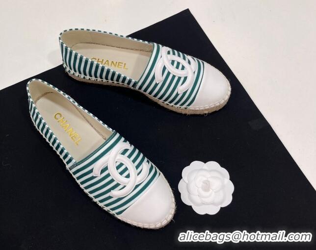 Top Grade Chanel Coco Beach Stripes Printed Fabric Espadrilles Flat Green 7230010