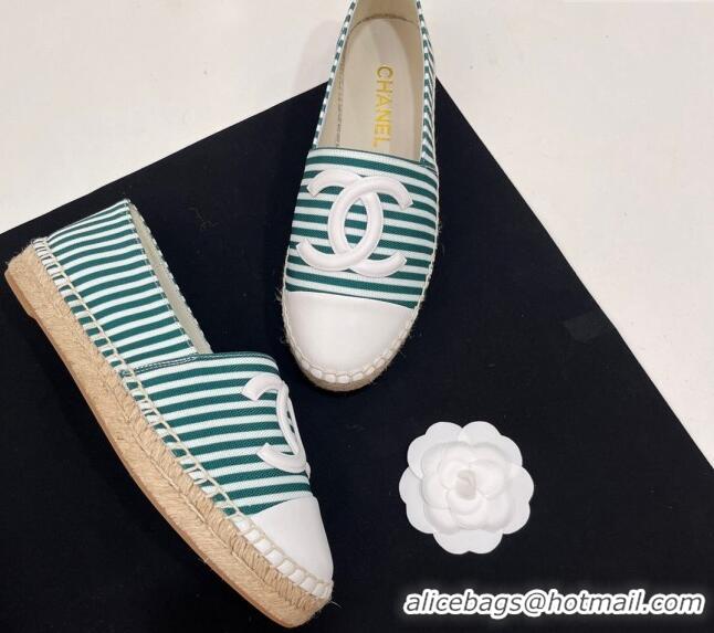 Top Grade Chanel Coco Beach Stripes Printed Fabric Espadrilles Flat Green 7230010