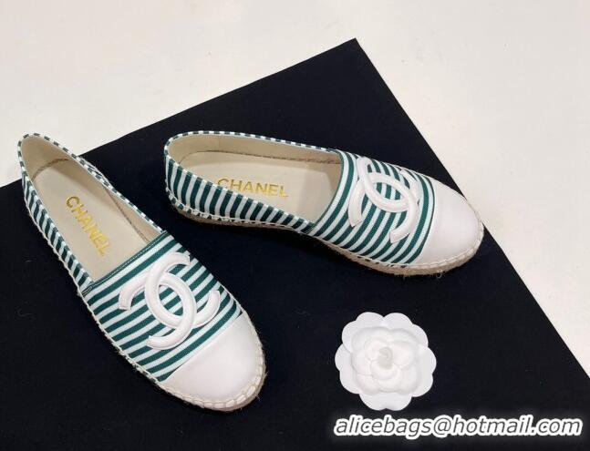 Top Grade Chanel Coco Beach Stripes Printed Fabric Espadrilles Flat Green 7230010