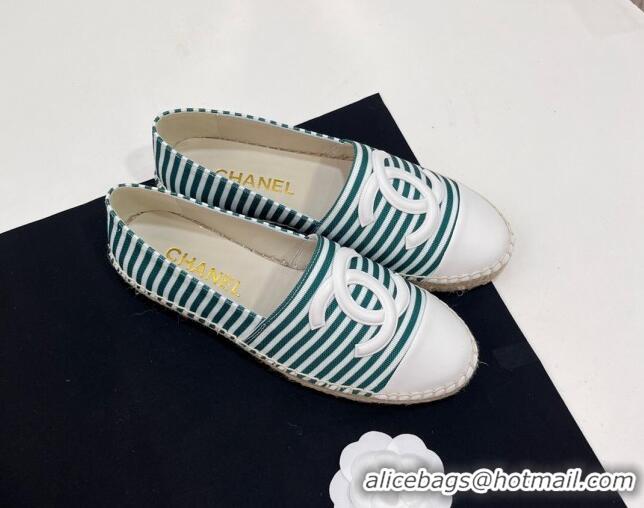 Top Grade Chanel Coco Beach Stripes Printed Fabric Espadrilles Flat Green 7230010