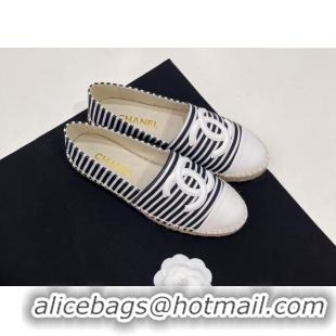 Luxury Discount Chanel Coco Beach Stripes Printed Fabric Espadrilles Flat Black/White 7230011