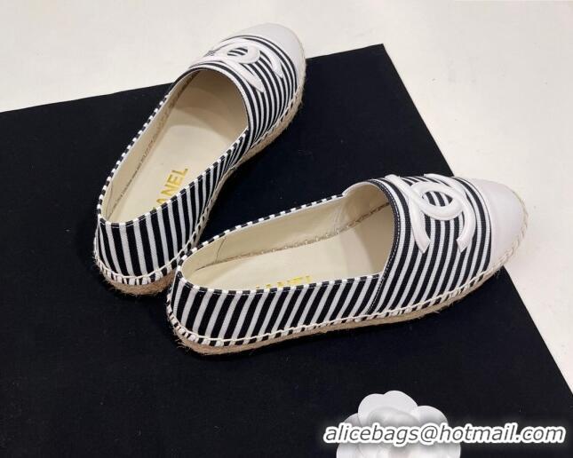 Luxury Discount Chanel Coco Beach Stripes Printed Fabric Espadrilles Flat Black/White 7230011