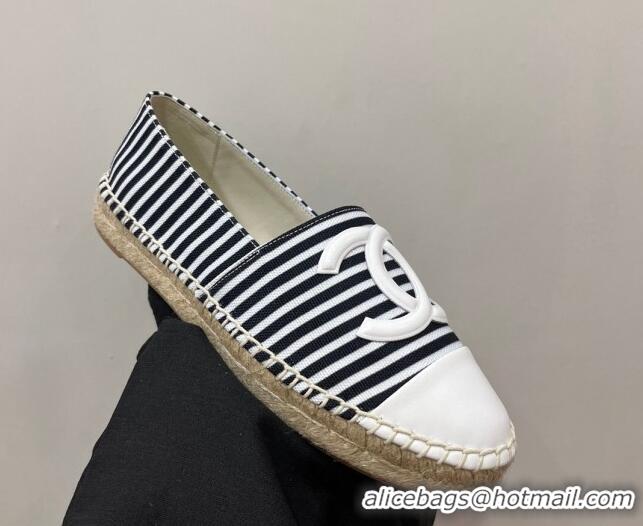 Luxury Discount Chanel Coco Beach Stripes Printed Fabric Espadrilles Flat Black/White 7230011