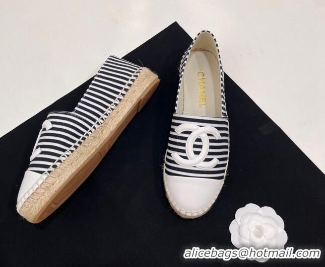 Luxury Discount Chanel Coco Beach Stripes Printed Fabric Espadrilles Flat Black/White 7230011