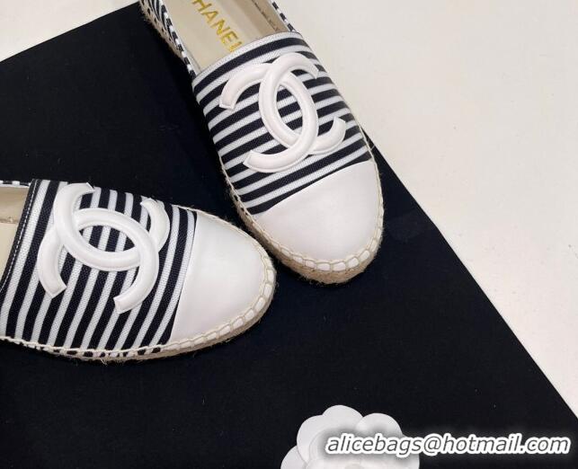 Luxury Discount Chanel Coco Beach Stripes Printed Fabric Espadrilles Flat Black/White 7230011