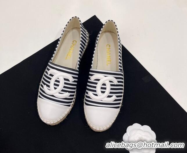 Luxury Discount Chanel Coco Beach Stripes Printed Fabric Espadrilles Flat Black/White 7230011