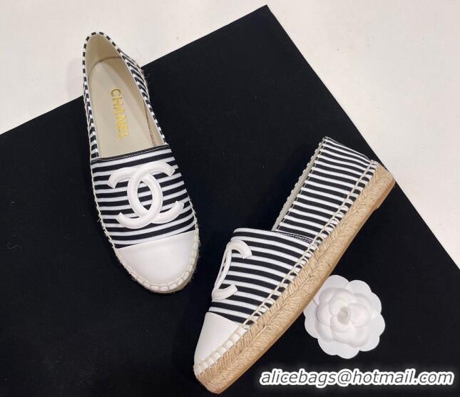 Luxury Discount Chanel Coco Beach Stripes Printed Fabric Espadrilles Flat Black/White 7230011