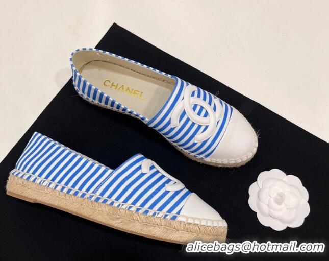 Luxury Chanel Coco Beach Stripes Printed Fabric Espadrilles Flat Sky Blue 7230012