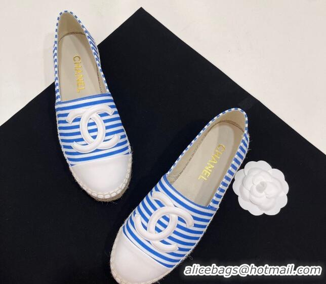 Luxury Chanel Coco Beach Stripes Printed Fabric Espadrilles Flat Sky Blue 7230012