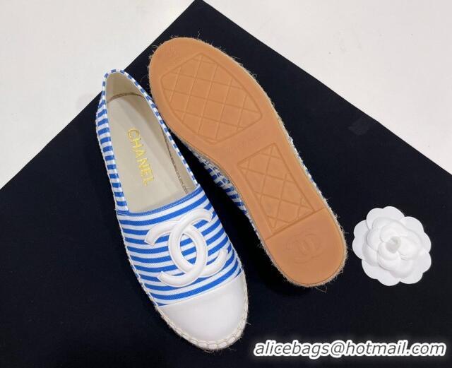 Luxury Chanel Coco Beach Stripes Printed Fabric Espadrilles Flat Sky Blue 7230012