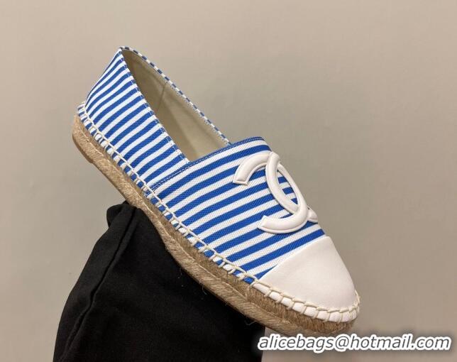 Luxury Chanel Coco Beach Stripes Printed Fabric Espadrilles Flat Sky Blue 7230012