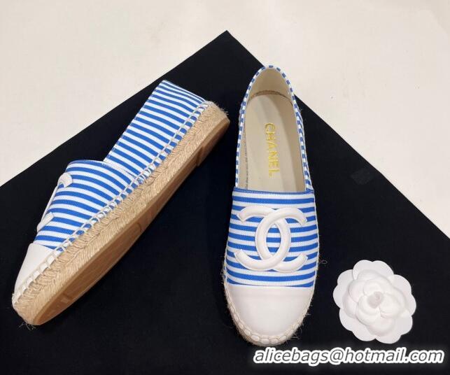 Luxury Chanel Coco Beach Stripes Printed Fabric Espadrilles Flat Sky Blue 7230012