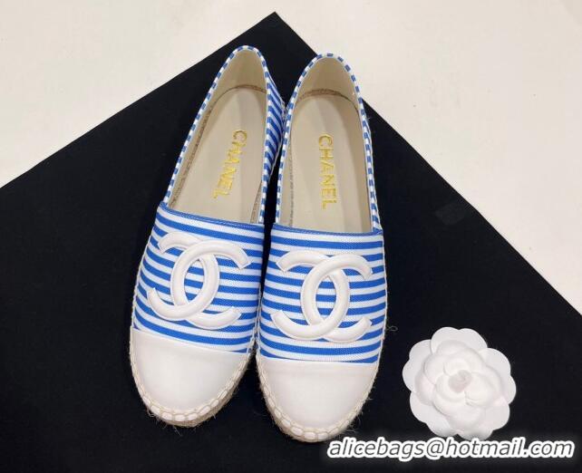 Luxury Chanel Coco Beach Stripes Printed Fabric Espadrilles Flat Sky Blue 7230012