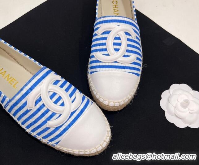 Luxury Chanel Coco Beach Stripes Printed Fabric Espadrilles Flat Sky Blue 7230012