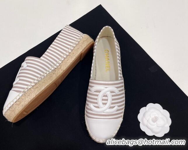 Durable Chanel Coco Beach Stripes Printed Fabric Espadrilles Flat Beige 7230013