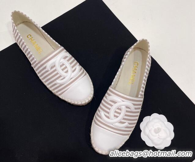 Durable Chanel Coco Beach Stripes Printed Fabric Espadrilles Flat Beige 7230013