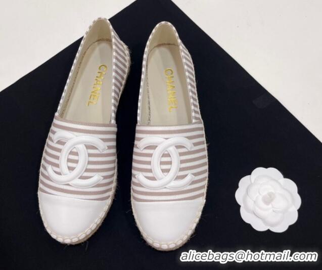 Durable Chanel Coco Beach Stripes Printed Fabric Espadrilles Flat Beige 7230013