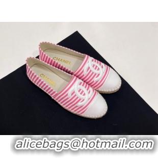 Most Popular Chanel Coco Beach Stripes Printed Fabric Espadrilles Flat Pink 7230014