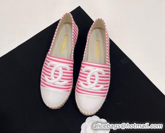 Most Popular Chanel Coco Beach Stripes Printed Fabric Espadrilles Flat Pink 7230014