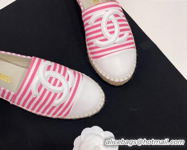 Most Popular Chanel Coco Beach Stripes Printed Fabric Espadrilles Flat Pink 7230014