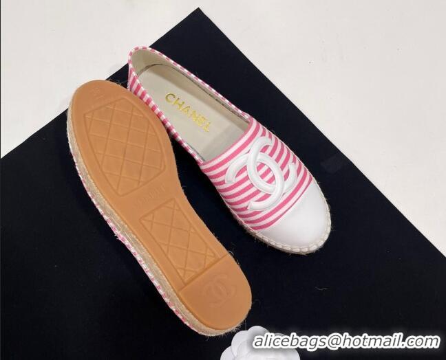 Most Popular Chanel Coco Beach Stripes Printed Fabric Espadrilles Flat Pink 7230014