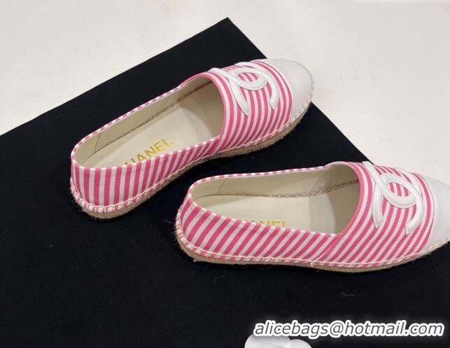 Most Popular Chanel Coco Beach Stripes Printed Fabric Espadrilles Flat Pink 7230014