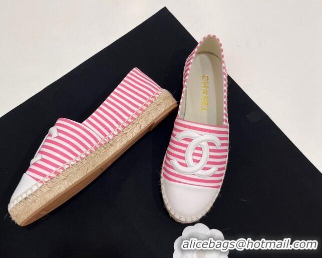 Most Popular Chanel Coco Beach Stripes Printed Fabric Espadrilles Flat Pink 7230014