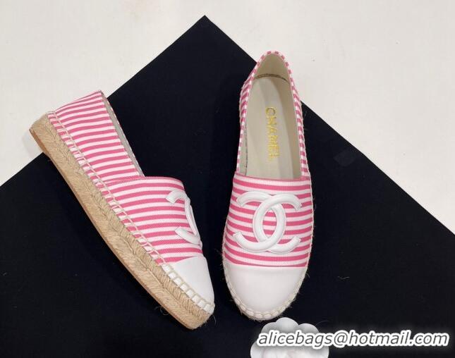 Most Popular Chanel Coco Beach Stripes Printed Fabric Espadrilles Flat Pink 7230014