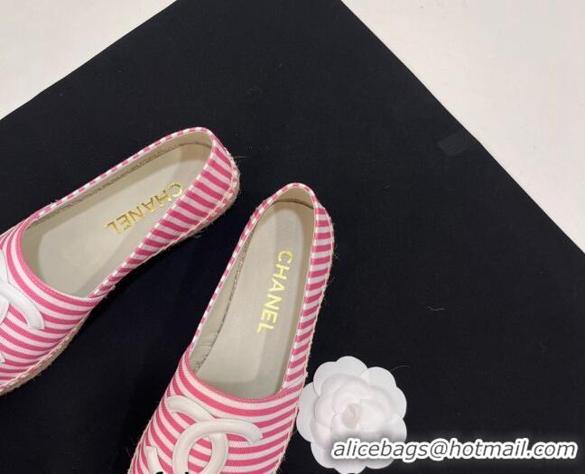 Most Popular Chanel Coco Beach Stripes Printed Fabric Espadrilles Flat Pink 7230014