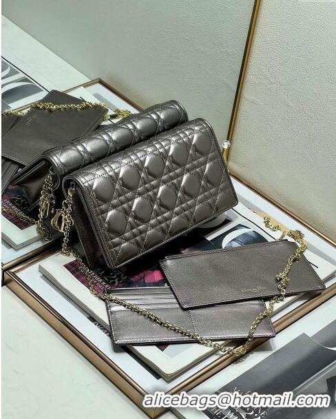 Good Taste Dior Lady Dior Pouch in Metallic Leather M81B Silver Gray 2024