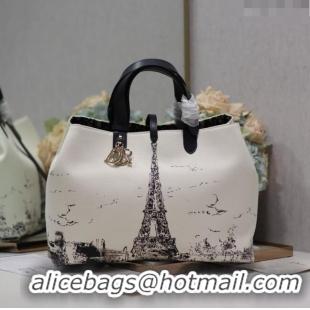 New Style Dior Large Dior Toujours Bag in Fabric with Paris Print 1188 White and Black 2024