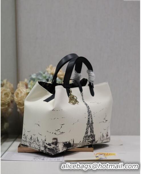 New Style Dior Large Dior Toujours Bag in Fabric with Paris Print 1188 White and Black 2024