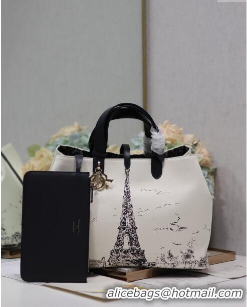 New Style Dior Large Dior Toujours Bag in Fabric with Paris Print 1188 White and Black 2024