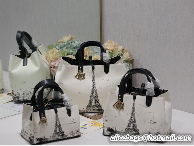 New Style Dior Large Dior Toujours Bag in Fabric with Paris Print 1188 White and Black 2024