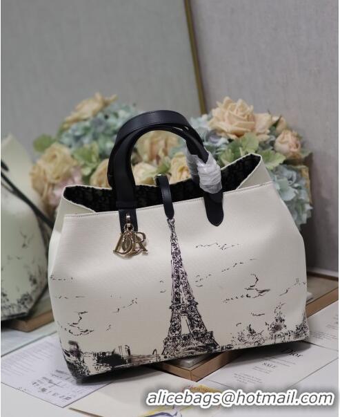 New Style Dior Large Dior Toujours Bag in Fabric with Paris Print 1188 White and Black 2024