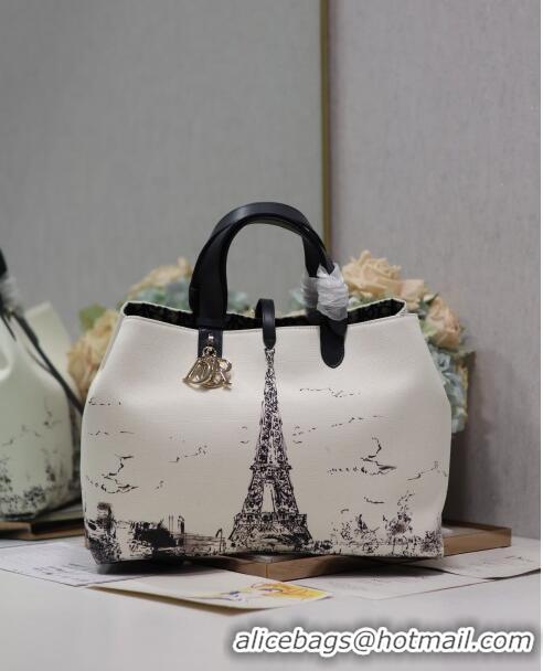 New Style Dior Large Dior Toujours Bag in Fabric with Paris Print 1188 White and Black 2024