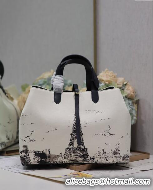 New Style Dior Large Dior Toujours Bag in Fabric with Paris Print 1188 White and Black 2024