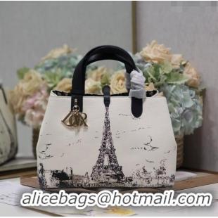 Luxury Cheap Dior Medium Dior Toujours Bag in Fabric with Paris Print 1188 White and Black 2024