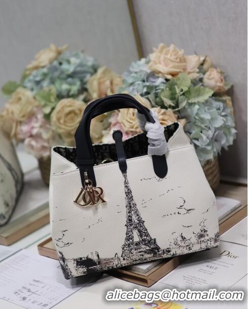 Luxury Cheap Dior Medium Dior Toujours Bag in Fabric with Paris Print 1188 White and Black 2024