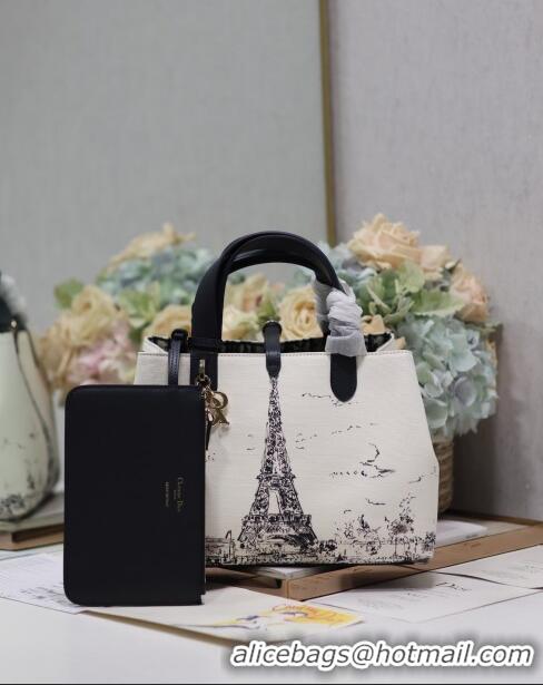 Luxury Cheap Dior Medium Dior Toujours Bag in Fabric with Paris Print 1188 White and Black 2024