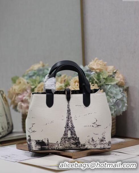 Luxury Cheap Dior Medium Dior Toujours Bag in Fabric with Paris Print 1188 White and Black 2024