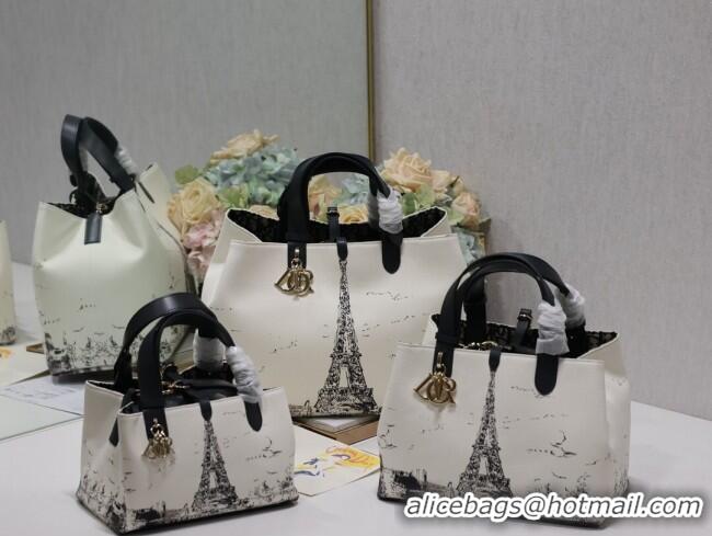 Luxury Cheap Dior Medium Dior Toujours Bag in Fabric with Paris Print 1188 White and Black 2024