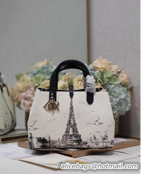 Luxury Cheap Dior Medium Dior Toujours Bag in Fabric with Paris Print 1188 White and Black 2024