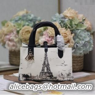 Top Grade Dior Small Dior Toujours Bag in Fabric with Paris Print 1188 White and Black 2024