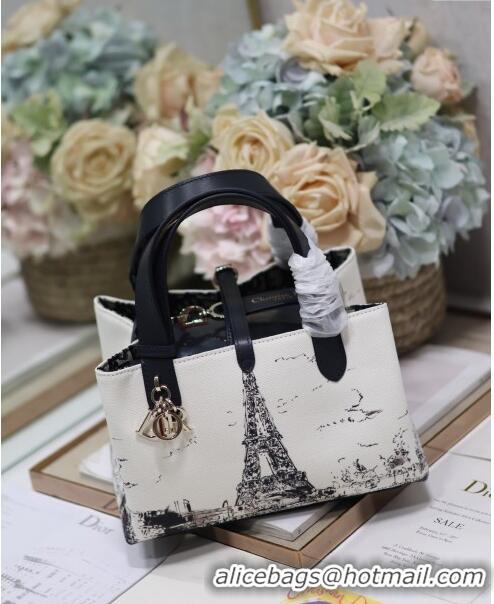 Top Grade Dior Small Dior Toujours Bag in Fabric with Paris Print 1188 White and Black 2024