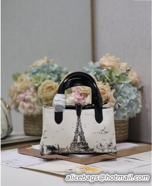 Top Grade Dior Small Dior Toujours Bag in Fabric with Paris Print 1188 White and Black 2024