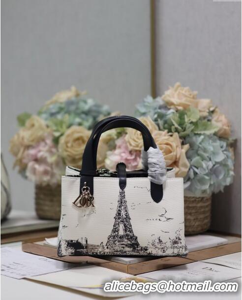 Top Grade Dior Small Dior Toujours Bag in Fabric with Paris Print 1188 White and Black 2024