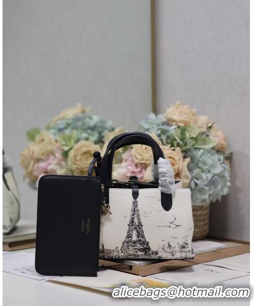 Top Grade Dior Small Dior Toujours Bag in Fabric with Paris Print 1188 White and Black 2024