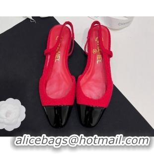 Stylish Chanel Tweed & Patent Calfskin Slingbacks Flats Red 7230019