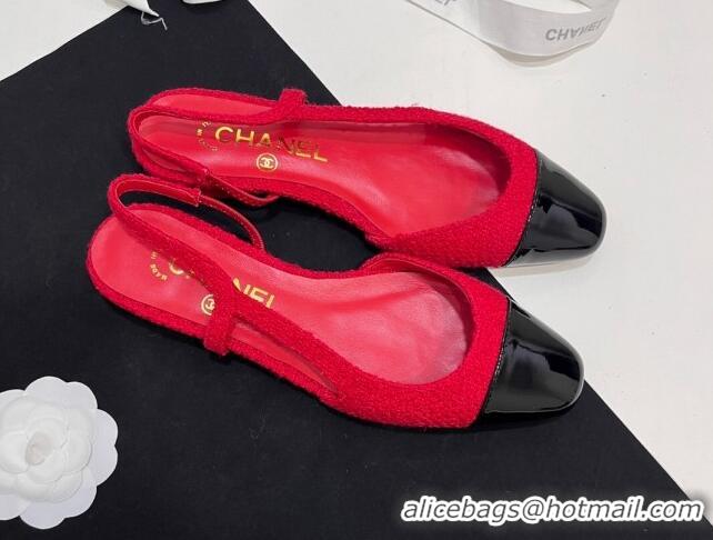 Stylish Chanel Tweed & Patent Calfskin Slingbacks Flats Red 7230019